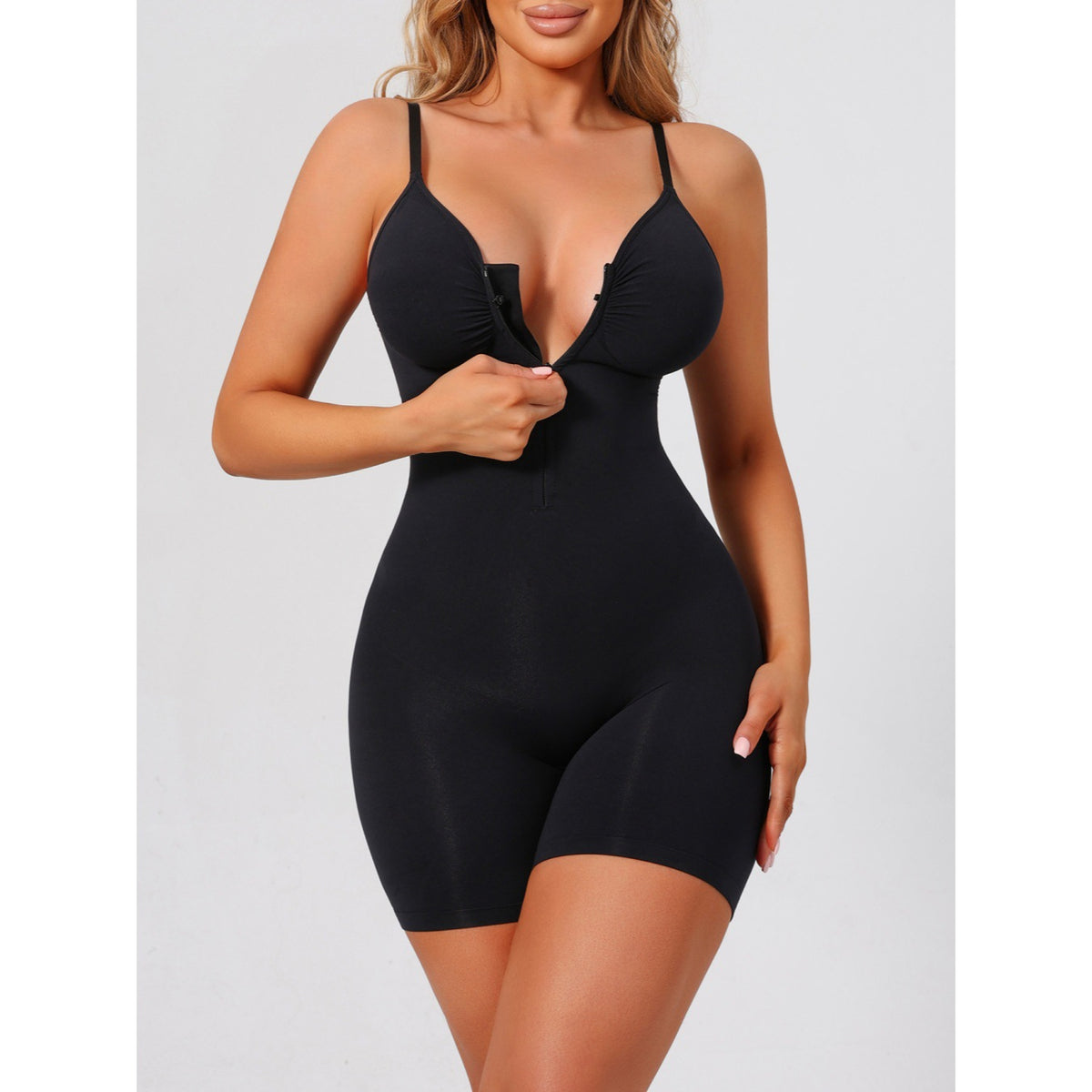Feel Good Girl Define shaping bodysuit in Black — zip-front closure