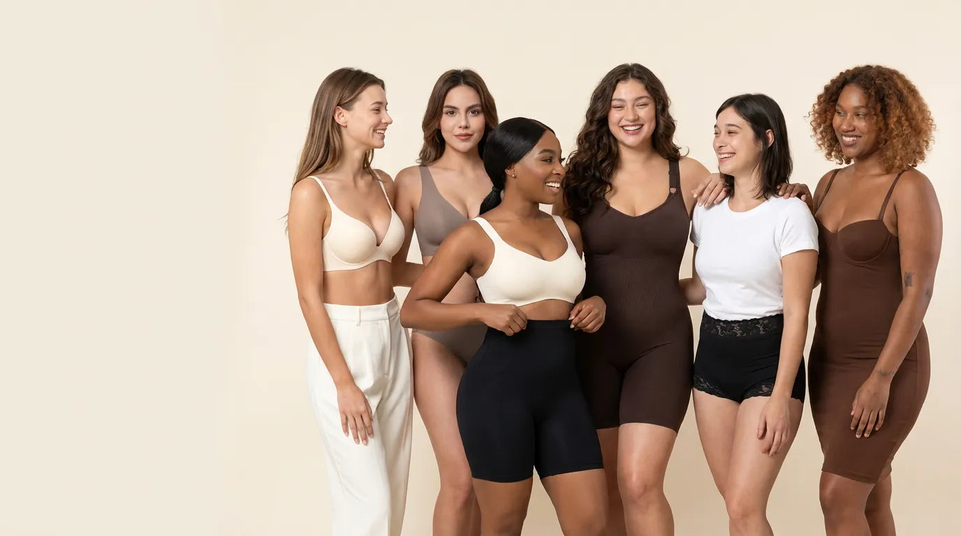 Six women smiling together in Feel Good Girl bras, bodysuits and shaping shorts.